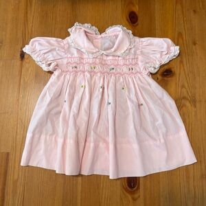 Vintage year 30-40Pink Smocked Baby Dress with Lace Trim